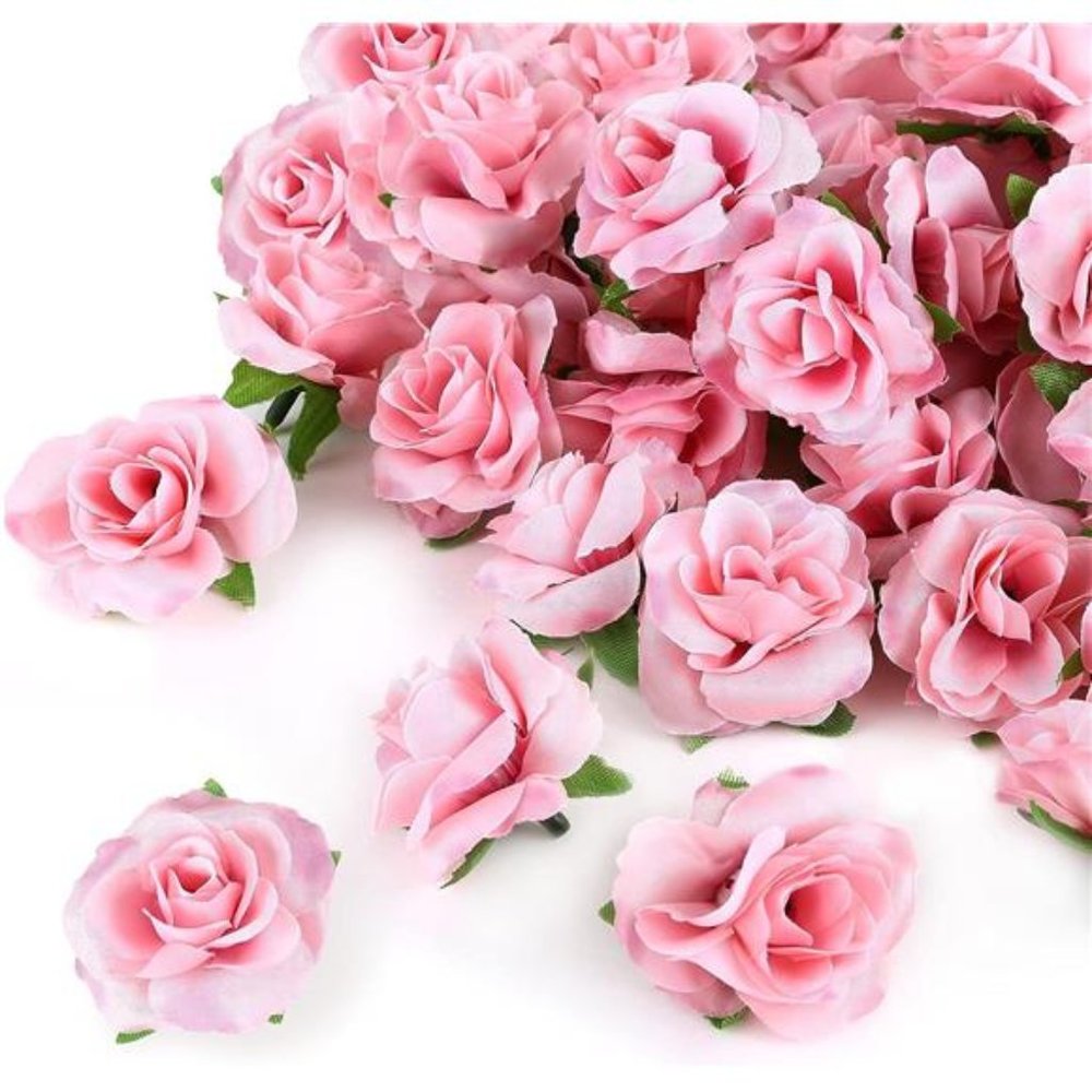 50pcs Pink Roses Artificial Flowers Bulk 1.6" Small Silk Fake Roses Flower Heads